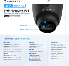 Amcrest 5MP UltraHD IP-Revolver-PoE-Kamera für den Außenbereich mit Mikrofon/Audio, 5MP, 98 Fuß NightVision, 2,8-mm-Objektiv, IP67 wetterfest, MicroSD-Aufzeichnung (256 GB) Schwarz IP5M-T1179EB-28MM