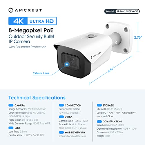 Amcrest Ultra-HD-4K- (8 MP) PoE-IP-Stiftkamera für den Außenbereich, 3840 x 2160, 40 m Nachtsicht, 2,8-mm-Objektiv, wetterfest gemäß IP67, MicroSD-Aufnahme