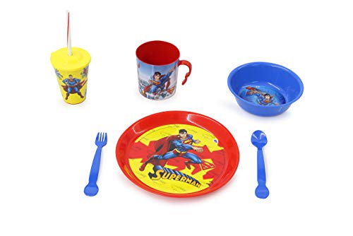 JAMARA 410132 - Superman Kinder Geschirrset 8teilig - offiziell lizenziert, Spülmaschinengeeignet, Teller, Tasse, Müslischale, Gabel, Löffel, Trinkbecher mit Deckel und Strohhalm, Rot