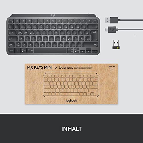 Logitech MX Keys Mini Wireless Illuminated Keyboard for Business, Kompakt, Logi Bolt USB-Empfänger, Hintergrundbeleuchtung, wiederaufladbar, Windows, macOS, Linux, iOS, Android, DEU QWERTZ - Graphit