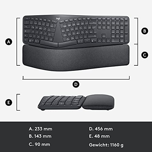 Logitech ERGO K860 for Business geteilte kabellose Tastatur – Ergonomisches Design, gesicherte Logi Bolt Technologie, Bluetooth, weltweit zertifiziert, Windows/Mac/Chrome/Linux, DEU QWERTZ - Graphit