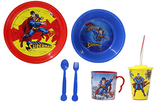 JAMARA 410132 - Superman Kinder Geschirrset 8teilig - offiziell lizenziert, Spülmaschinengeeignet, Teller, Tasse, Müslischale, Gabel, Löffel, Trinkbecher mit Deckel und Strohhalm, Rot