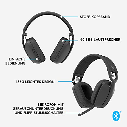 Logitech Zone Vibe Wireless Bluetooth Kopfhörer mit Mikrofon mit Geräuschunterdrückung, USB-A, USB-C, zertifiziert für Google Meet, Google Voice, Zoom, Mac/PC - Grau