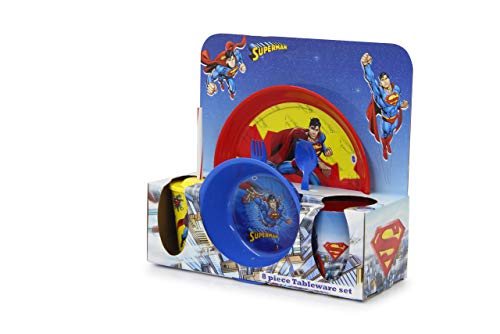 JAMARA 410132 - Superman Kinder Geschirrset 8teilig - offiziell lizenziert, Spülmaschinengeeignet, Teller, Tasse, Müslischale, Gabel, Löffel, Trinkbecher mit Deckel und Strohhalm, Rot