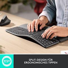 Logitech ERGO K860 for Business geteilte kabellose Tastatur – Ergonomisches Design, gesicherte Logi Bolt Technologie, Bluetooth, weltweit zertifiziert, Windows/Mac/Chrome/Linux, DEU QWERTZ - Graphit