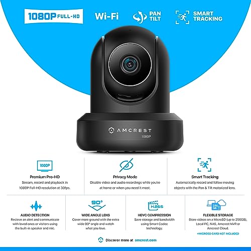 Amcrest 1080P WiFi-Überwachungskamera 2MP (1920TVL) Funk-IP-Kamera mit Schwenk, Zwei-Wege-Gespräch IP2M-841B (schwarz)