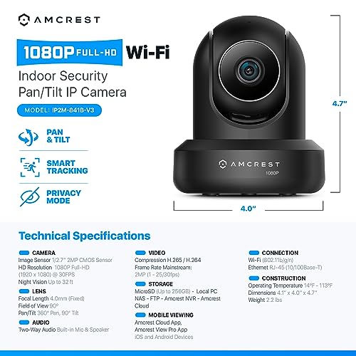 Amcrest 1080P WiFi-Überwachungskamera 2MP (1920TVL) Funk-IP-Kamera mit Schwenk, Zwei-Wege-Gespräch IP2M-841B (schwarz)