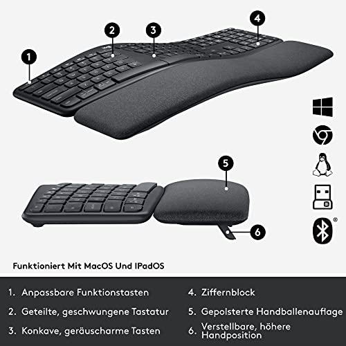 Logitech ERGO K860 for Business geteilte kabellose Tastatur – Ergonomisches Design, gesicherte Logi Bolt Technologie, Bluetooth, weltweit zertifiziert, Windows/Mac/Chrome/Linux, DEU QWERTZ - Graphit