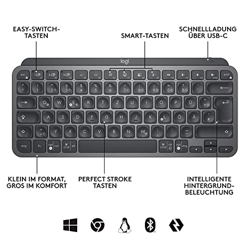 Logitech MX Keys Mini Wireless Illuminated Keyboard for Business, Kompakt, Logi Bolt USB-Empfänger, Hintergrundbeleuchtung, wiederaufladbar, Windows, macOS, Linux, iOS, Android, DEU QWERTZ - Graphit