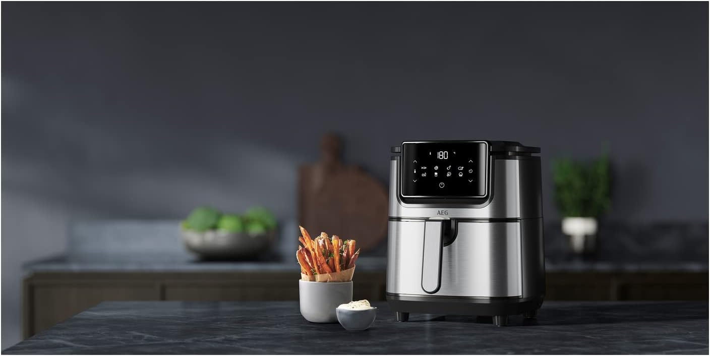 AEG AF6-1-4ST Heißluftfritteuse / Frittieren / Grillen / Braten / Backen ohne/wenig Öl / 8 Programme / 3,5 l Fassungsvermögen / spülmaschinenfest / LED Touch-Display / programmierbar / Edelstahl, Grau