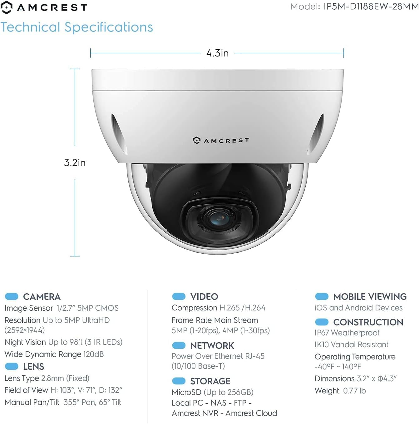 Amcrest 5MP POE-Kamera, POE-IP-IP-Sicherheitskamera im Freien, 5 Megapixel, 98 Fuß NightVision, 2,8-mm-Objektiv, IP67, IK10-Widerstand, MicroSD 256 GB (separat erhältlich), Cloud, Weiss, (IP5M-D1188EW-28MM)