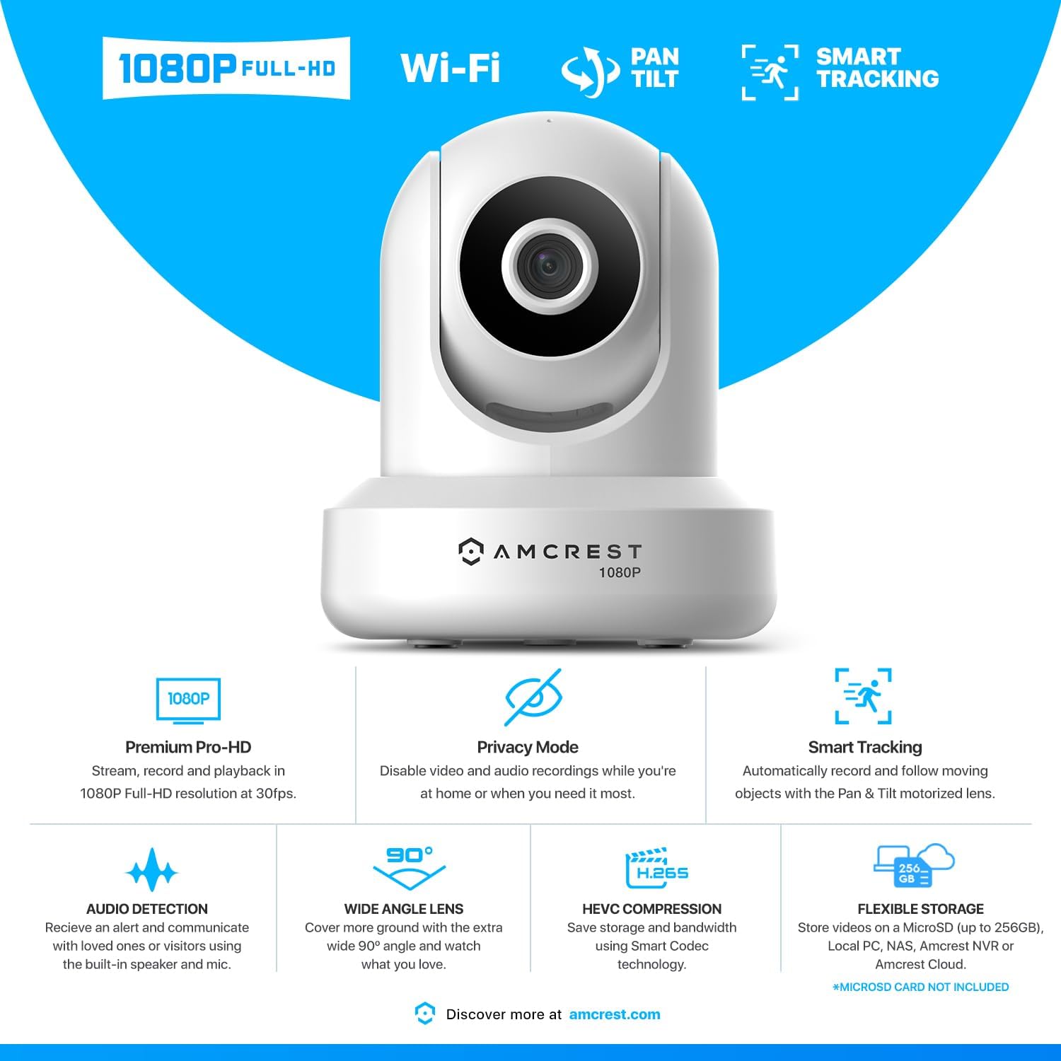 Amcrest 1080P WiFi-Überwachungskamera 2MP (1920TVL) Funk-IP-Kamera mit Schwenk-/Neigefunktion für den Innenbereich, Heimvideoüberwachungssystem mit IR-Nachtsicht, Zwei-Wege-Gespräch IP2M-841W (Weiß)