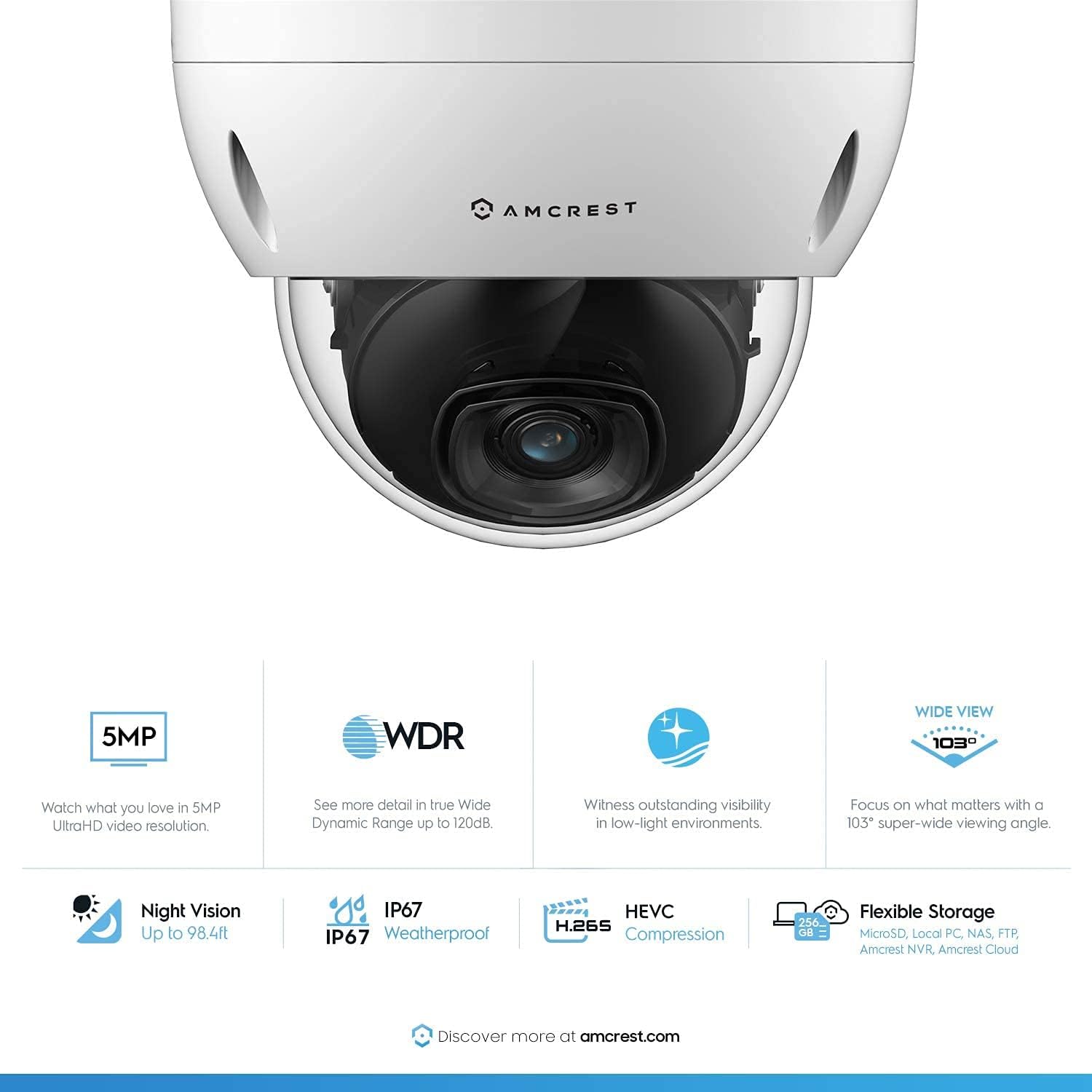 Amcrest 5MP POE-Kamera, POE-IP-IP-Sicherheitskamera im Freien, 5 Megapixel, 98 Fuß NightVision, 2,8-mm-Objektiv, IP67, IK10-Widerstand, MicroSD 256 GB (separat erhältlich), Cloud, Weiss, (IP5M-D1188EW-28MM)