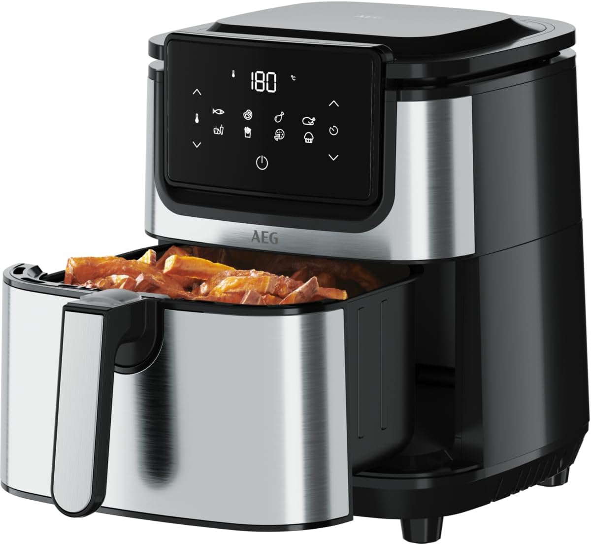 AEG AF6-1-4ST Heißluftfritteuse / Frittieren / Grillen / Braten / Backen ohne/wenig Öl / 8 Programme / 3,5 l Fassungsvermögen / spülmaschinenfest / LED Touch-Display / programmierbar / Edelstahl, Grau