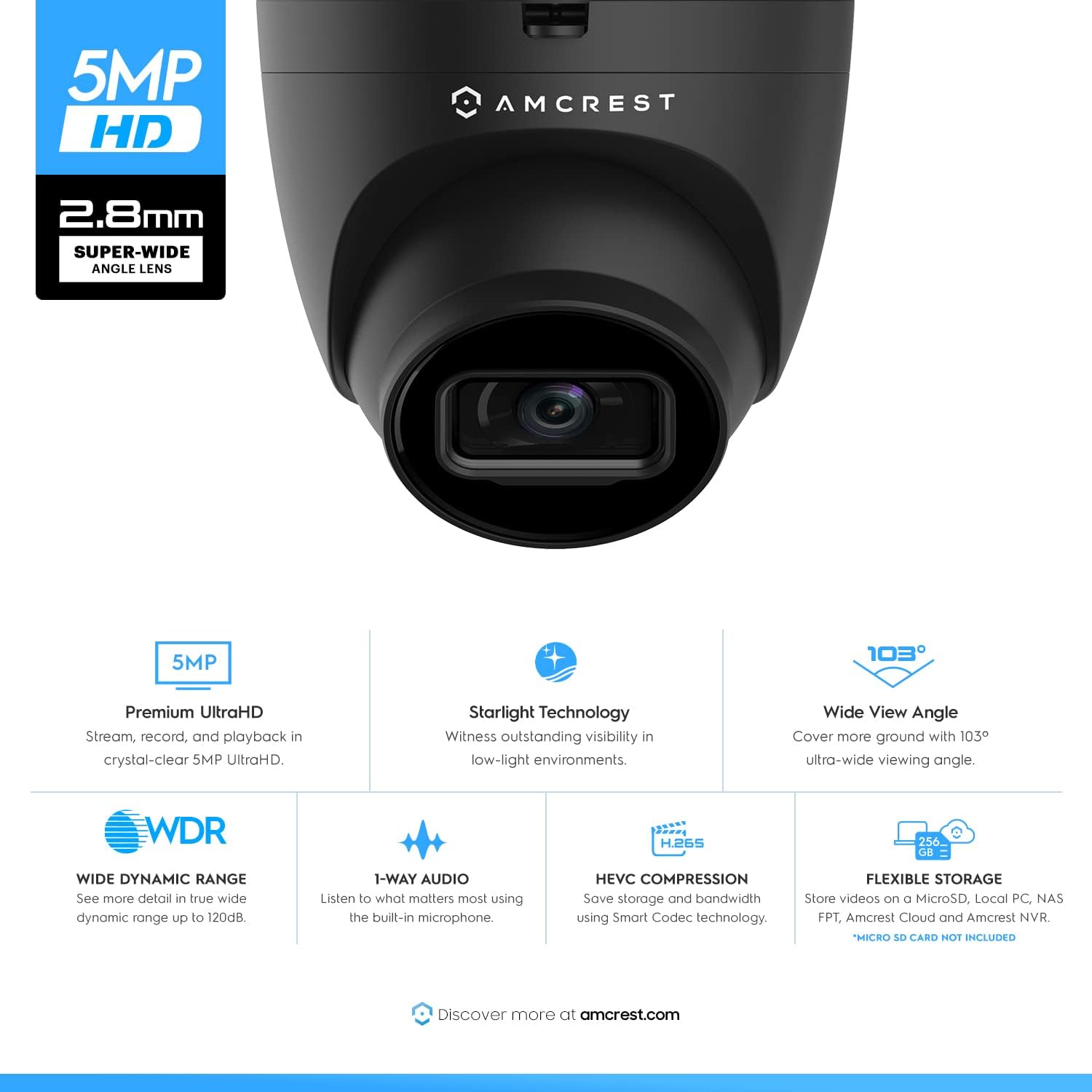 Amcrest 5MP UltraHD IP-Revolver-PoE-Kamera für den Außenbereich mit Mikrofon/Audio, 5MP, 98 Fuß NightVision, 2,8-mm-Objektiv, IP67 wetterfest, MicroSD-Aufzeichnung (256 GB) Schwarz ‎IP5M-T1179EB-28MM