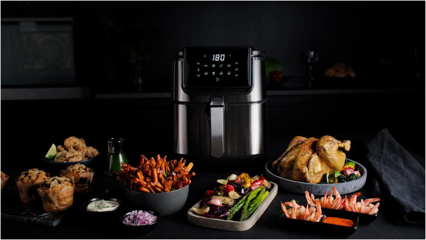 AEG AF6-1-4ST Heißluftfritteuse / Frittieren / Grillen / Braten / Backen ohne/wenig Öl / 8 Programme / 3,5 l Fassungsvermögen / spülmaschinenfest / LED Touch-Display / programmierbar / Edelstahl, Grau