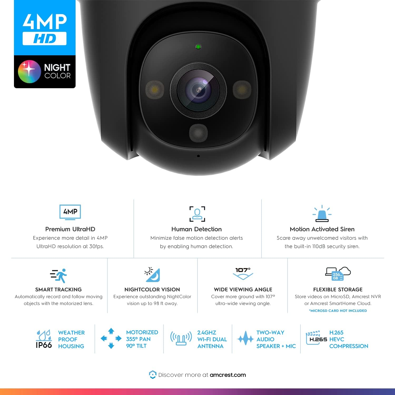 Amcrest 4MP Outdoor PT WiFi IP Kamera Pan Zoom (Digital 16x) SmartHome WiFi Kamera Sicherheit Speed Dome, motorisierte Neigung, 29,9 m Nachtfarbe, (2,4 GHz), 107º FOV, IP66, 4 MP, ASH47-W