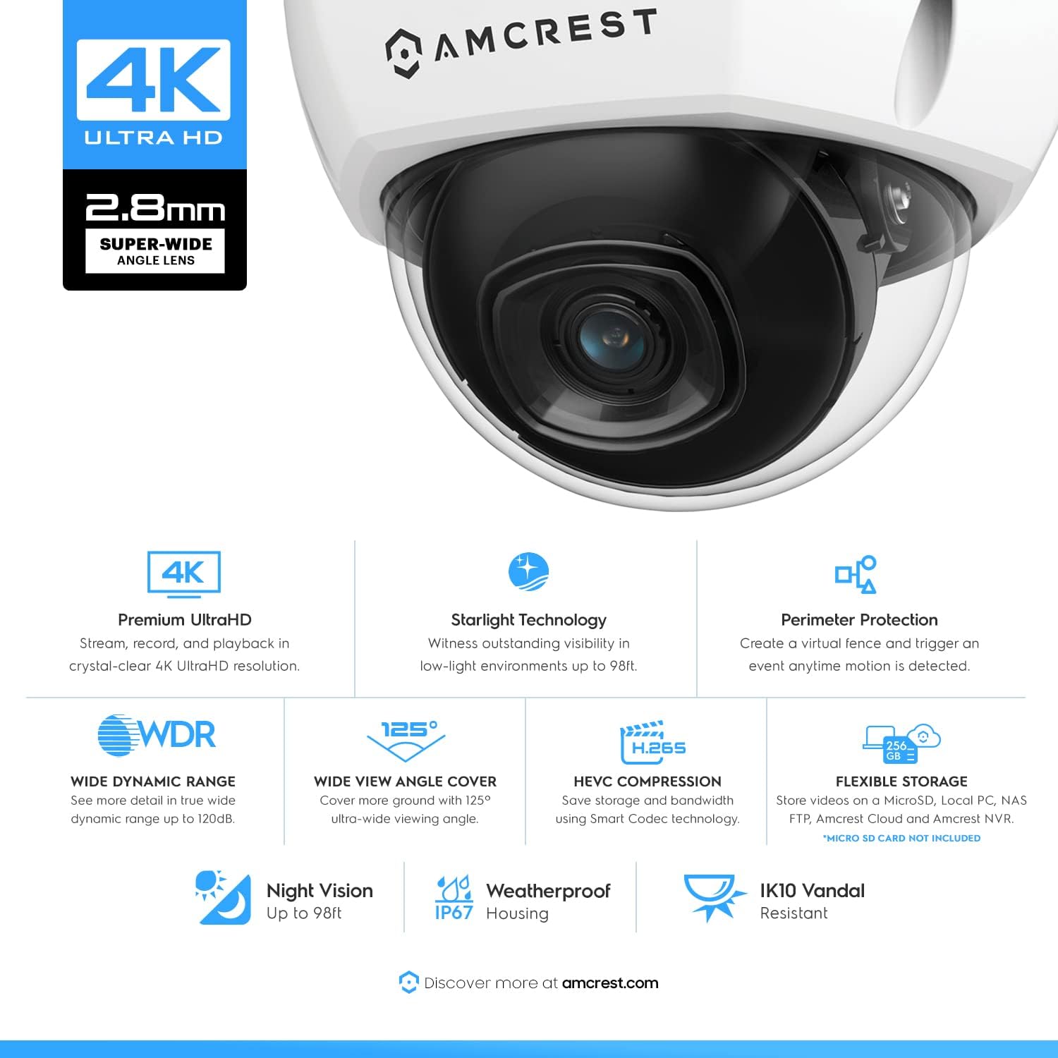 Amcrest UltraHD 4K (8MP) Outdoor Security POE IP Kamera, 3840 x 2160, 29,9 m Nachtsicht, 2,8 mm Objektiv, IP67 wetterfest, IK10 Vandalensichere Kuppel, MicroSD Aufnahme, Weiß (IP8M-2493EW)