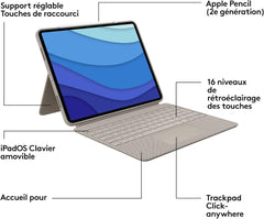 Logitech Combo Touch-FRA - MEDIT- Étui clavier pour iPad Pro 12,9 pouces (5e, 6e générations - 2021, 2022) - Clavier rétroéclairé amovible avec support, pavé tactile Click-Anywhere, Smart Connector