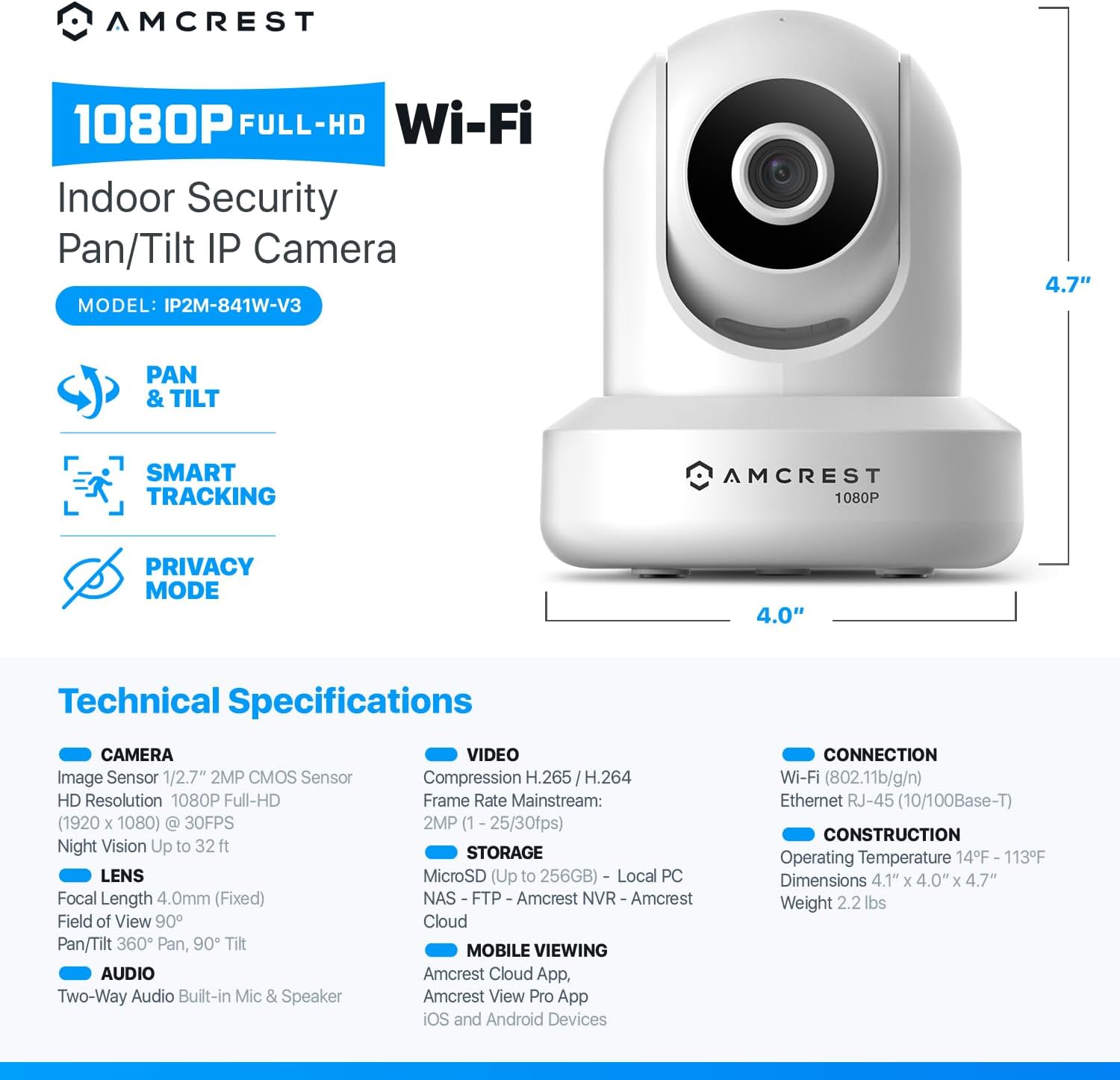 Amcrest 1080P WiFi-Überwachungskamera 2MP (1920TVL) Funk-IP-Kamera mit Schwenk-/Neigefunktion für den Innenbereich, Heimvideoüberwachungssystem mit IR-Nachtsicht, Zwei-Wege-Gespräch IP2M-841W (Weiß)