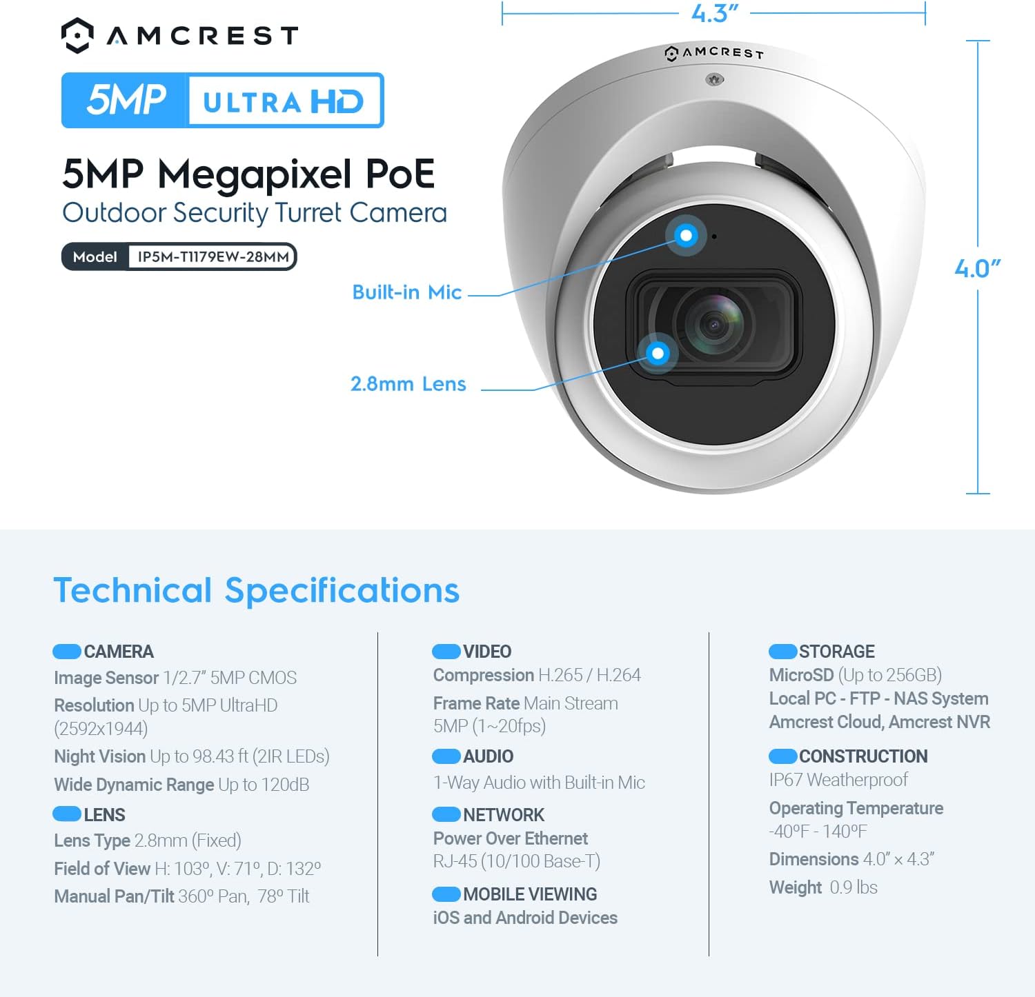 Amcrest 5MP UltraHD IP-Revolver-PoE-Kamera für den Außenbereich mit Mikrofon/Audio, 5MP, 98 Fuß NightVision, 2,8-mm-Objektiv, IP67 wetterfest, MicroSD-Aufzeichnung (256 GB), Weiß (IP5M-T1179EW-28MM)