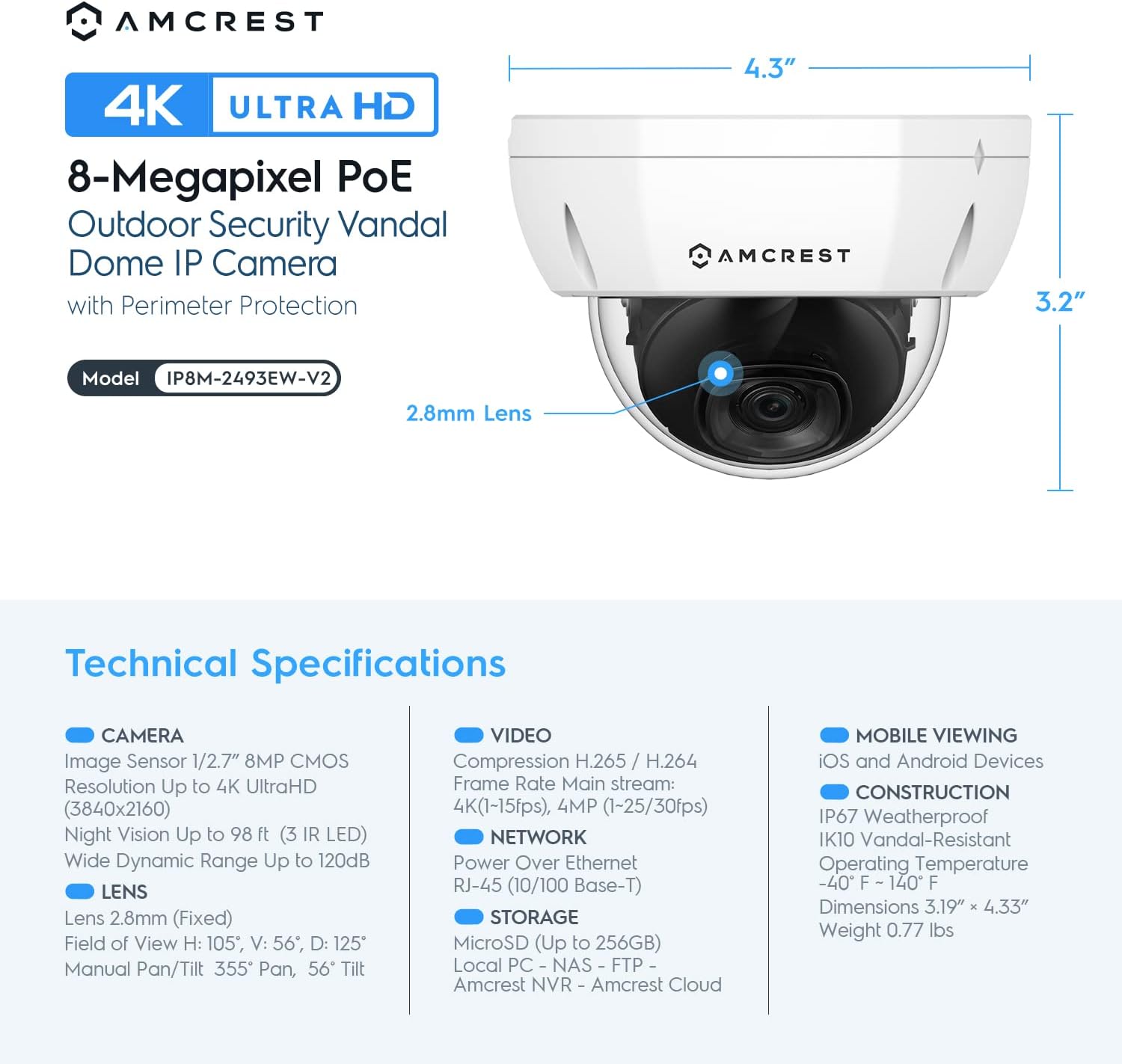 Amcrest UltraHD 4K (8MP) Outdoor Security POE IP Kamera, 3840 x 2160, 29,9 m Nachtsicht, 2,8 mm Objektiv, IP67 wetterfest, IK10 Vandalensichere Kuppel, MicroSD Aufnahme, Weiß (IP8M-2493EW)