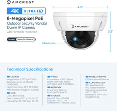 Amcrest UltraHD 4K (8MP) Outdoor Security POE IP Kamera, 3840 x 2160, 29,9 m Nachtsicht, 2,8 mm Objektiv, IP67 wetterfest, IK10 Vandalensichere Kuppel, MicroSD Aufnahme, Weiß (IP8M-2493EW)