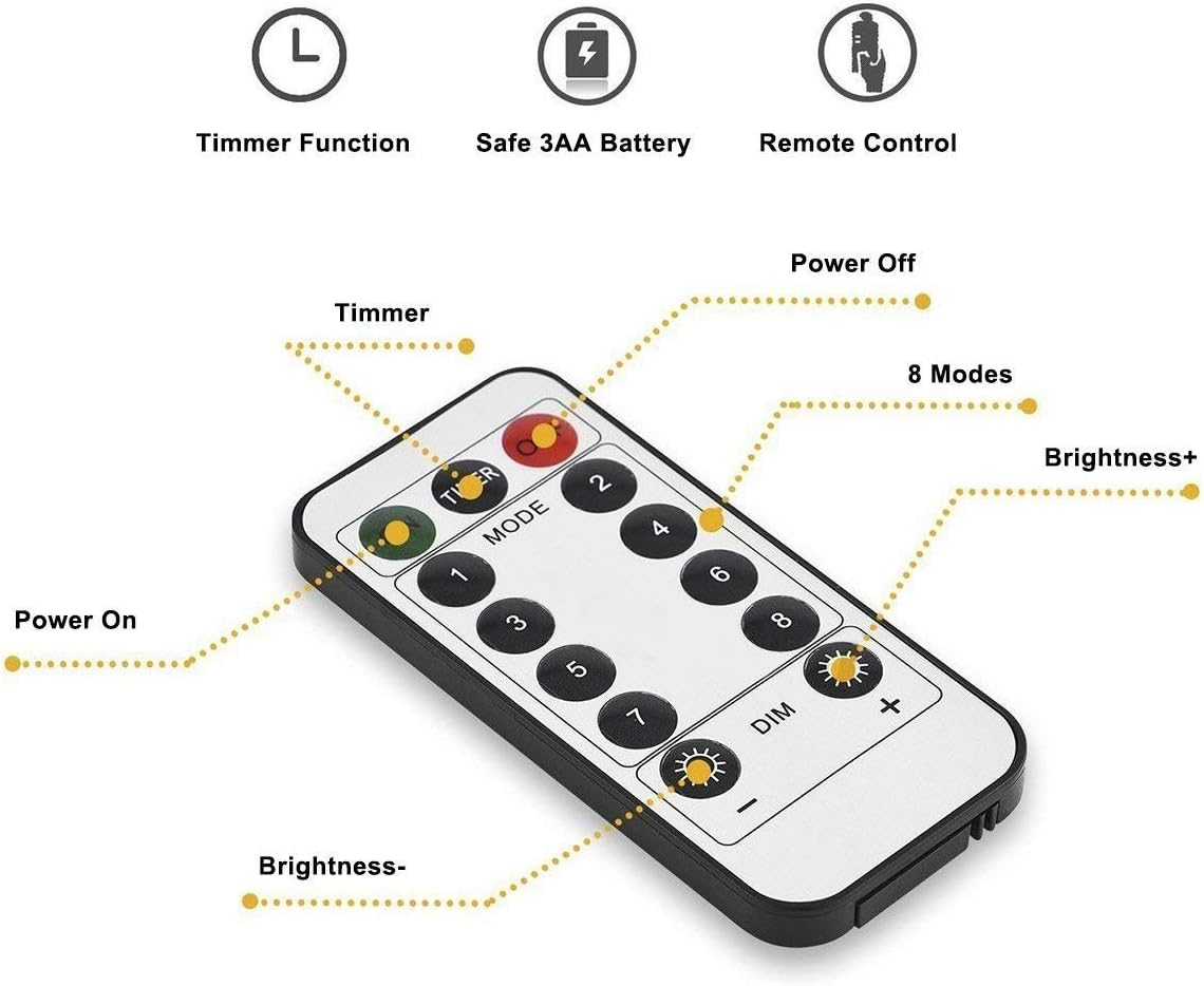 ERONS-200 LED Lichterkette, 20M 8 Modi IP65 Wasserdicht Kupferdraht Lichterkette Batterie, Lichterkette Außen mit Fernbedienung & Timer, Lichterketten für Zimmer,Weihnachten [Energieklasse A+++]