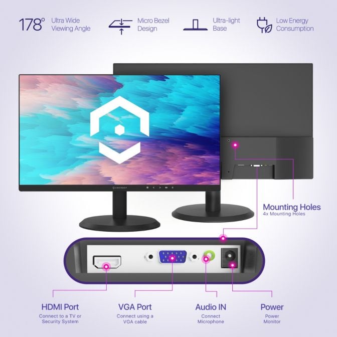 Amcrest 24/7 Überwachungs-Videomonitor, 22 Zoll PC Computer NVR/DVR Monitor, 1080p FHD 60Hz mit HDMI VGA, Mikro-Rahmendesign, W-LED für Home Office, Monitor AM-LM22