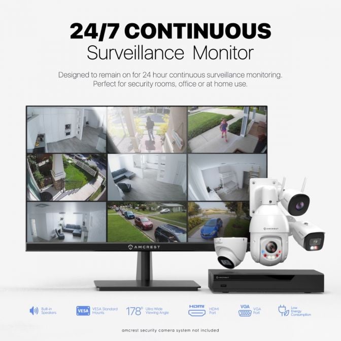 Amcrest 24/7 Surveillance Video Monitor, 24 inch PC Computer NVR/DVR Monitor, 1080p FHD 60Hz with HDMI VGA, Micro Bezel Design, LED for Home Office, Monitor AM-LM24