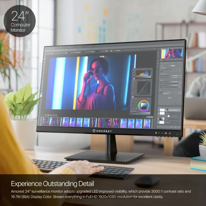 Amcrest 24/7 Surveillance Video Monitor, 24 inch PC Computer NVR/DVR Monitor, 1080p FHD 60Hz with HDMI VGA, Micro Bezel Design, LED for Home Office, Monitor AM-LM24