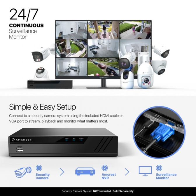 Amcrest 24/7 Surveillance Video Monitor, 24 inch PC Computer NVR/DVR Monitor, 1080p FHD 60Hz with HDMI VGA, Micro Bezel Design, LED for Home Office, Monitor AM-LM24