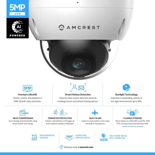 Amcrest 5MP Outdoor Security Dome IP PoE Camera IP5M-D1188EW-AI-V3